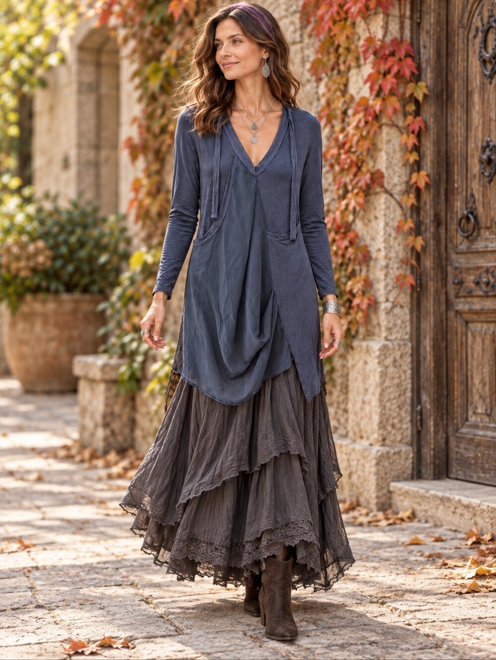 Sandwich_ Navy Modal Mixed Media Asymmetric Draped Tunic Long Sleeve Top M